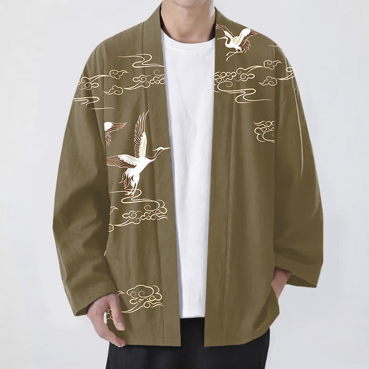Buddha Stones Weißer Baumwollkimono mit Kranich- und Goldwolkenmuster, offener Vorderteil - Olive - US/UK/AU48, EU58 (4XL) - image 9