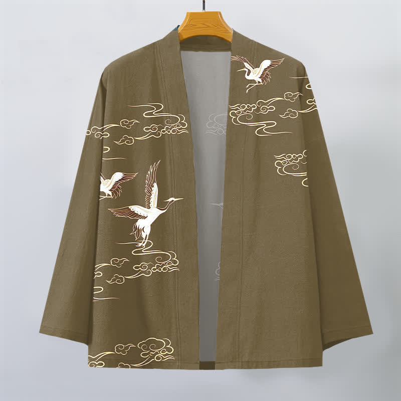 Buddha Stones Weißer Baumwollkimono mit Kranich- und Goldwolkenmuster, offener Vorderteil - image 10