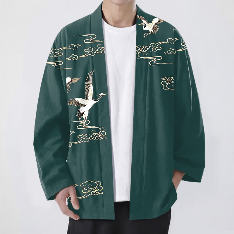 Buddha Stones Weißer Baumwollkimono mit Kranich- und Goldwolkenmuster, offener Vorderteil - Türkis - US/UK/AU48, EU58 (4XL) - image 6