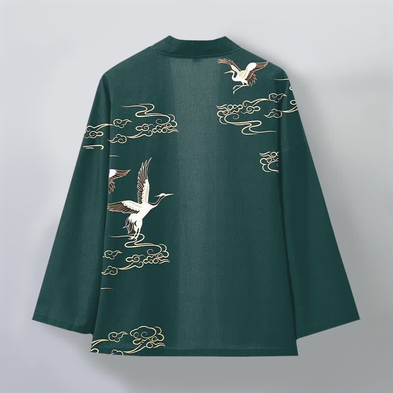 Buddha Stones Weißer Baumwollkimono mit Kranich- und Goldwolkenmuster, offener Vorderteil - image 8