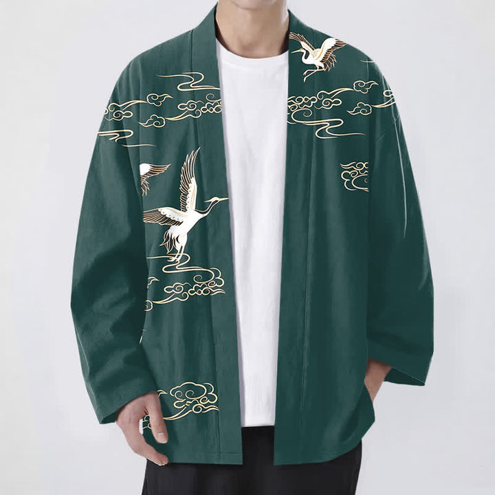Buddha Stones Weißer Baumwollkimono mit Kranich- und Goldwolkenmuster, offener Vorderteil - Türkis - US/UK/AU48, EU58 (4XL) - image 6