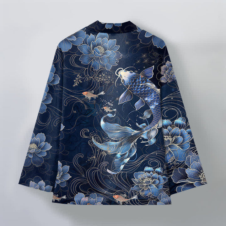 Buddha Stones Kimono für Herren aus Baumwolle mit Koi-Lotus- und Wellenmuster, offener Vorderseite - image 2