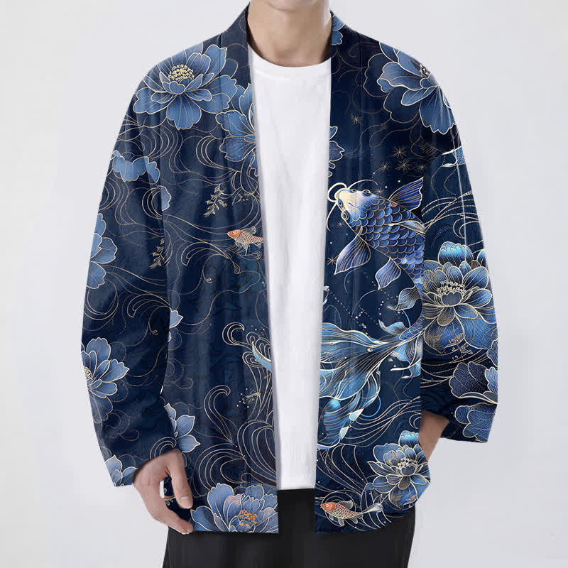 Buddha Stones Kimono für Herren aus Baumwolle mit Koi-Lotus- und Wellenmuster, offener Vorderseite - Marine - US/UK/AU48, EU58 (4XL) - image 0