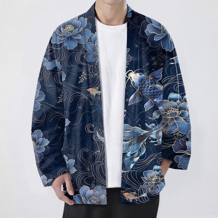 Buddha Stones Kimono für Herren aus Baumwolle mit Koi-Lotus- und Wellenmuster, offener Vorderseite - Marine - US/UK/AU48, EU58 (4XL) - image 0