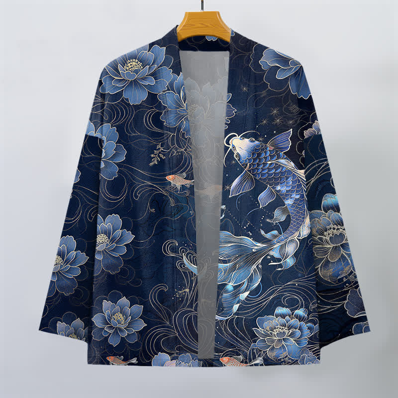 Buddha Stones Kimono für Herren aus Baumwolle mit Koi-Lotus- und Wellenmuster, offener Vorderseite - image 1