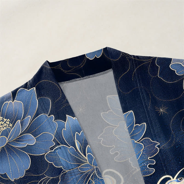 Buddha Stones Kimono für Herren aus Baumwolle mit Koi-Lotus- und Wellenmuster, offener Vorderseite - image 3