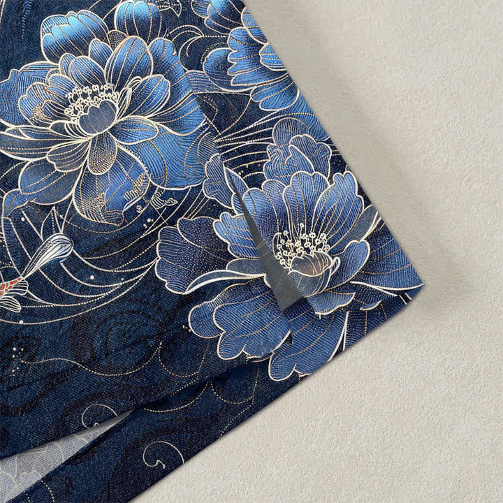 Buddha Stones Kimono für Herren aus Baumwolle mit Koi-Lotus- und Wellenmuster, offener Vorderseite - image 4