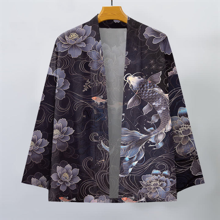 Buddha Stones Kimono für Herren aus Baumwolle mit Koi-Lotus- und Wellenmuster, offener Vorderseite - image 7