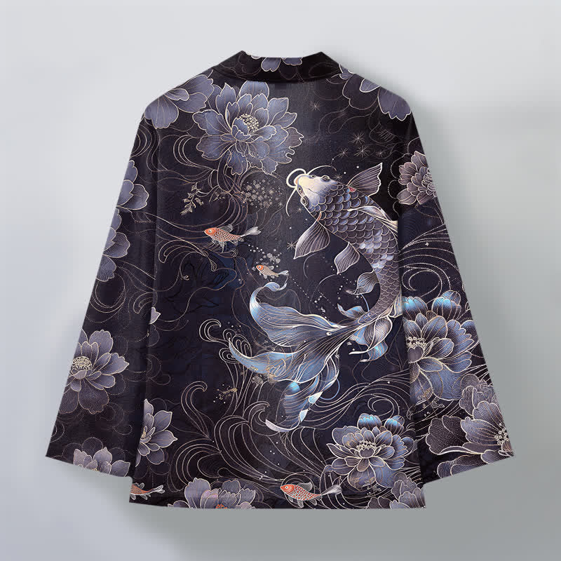 Buddha Stones Kimono für Herren aus Baumwolle mit Koi-Lotus- und Wellenmuster, offener Vorderseite - image 8