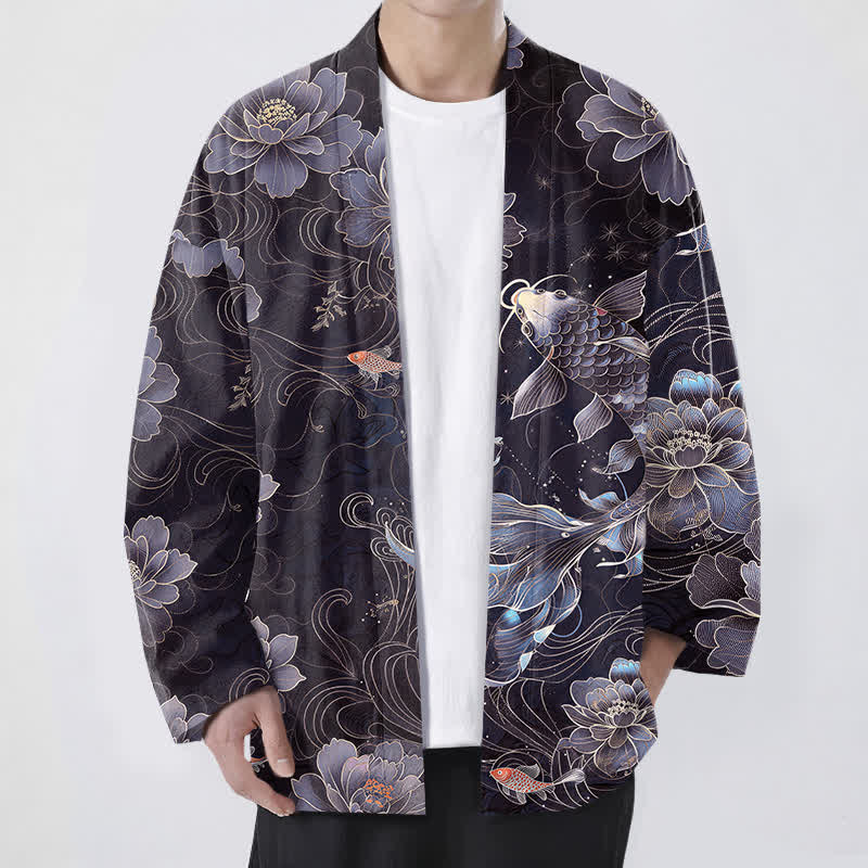 Buddha Stones Kimono für Herren aus Baumwolle mit Koi-Lotus- und Wellenmuster, offener Vorderseite - Dunkelschieferblau - US/UK/AU48, EU58 (4XL) - image 6
