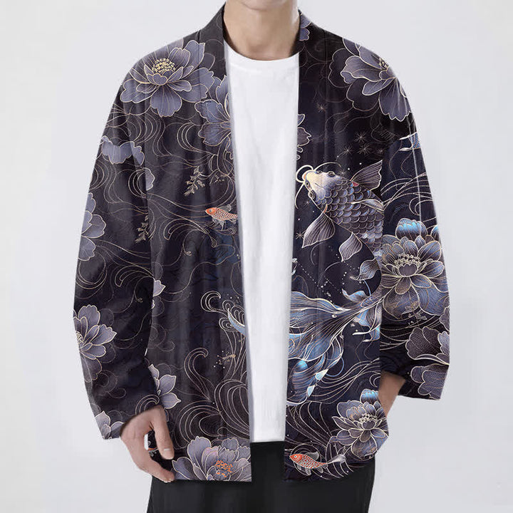 Buddha Stones Kimono für Herren aus Baumwolle mit Koi-Lotus- und Wellenmuster, offener Vorderseite - Dunkelschieferblau - US/UK/AU48, EU58 (4XL) - image 6