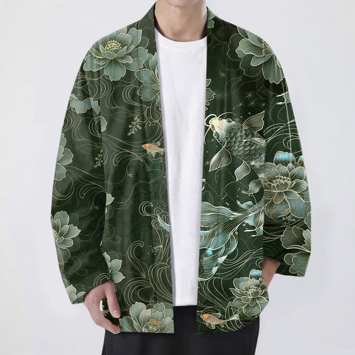 Buddha Stones Kimono für Herren aus Baumwolle mit Koi-Lotus- und Wellenmuster, offener Vorderseite - Dunkelgrün - US/UK/AU48, EU58 (4XL) - image 9