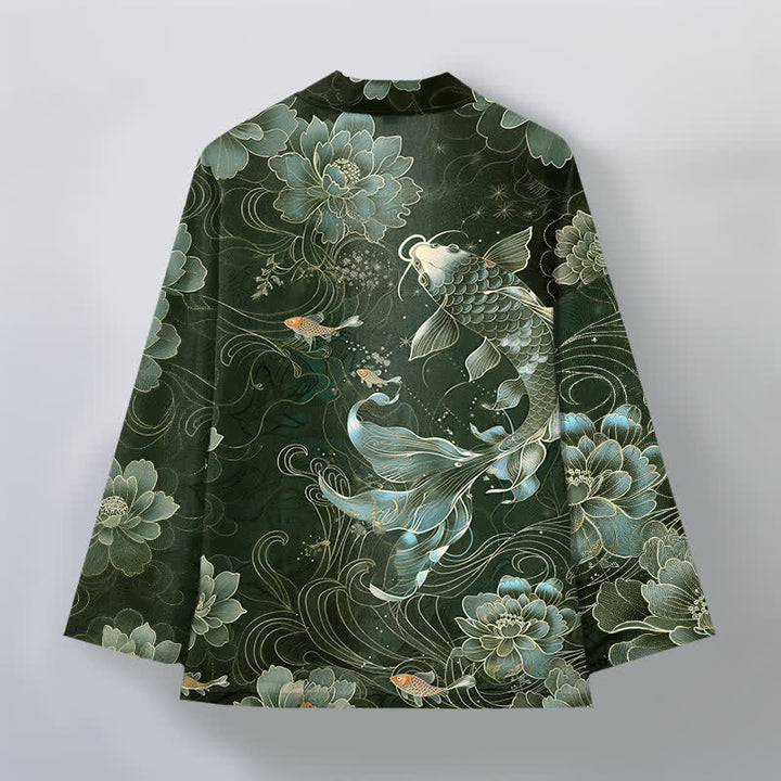 Buddha Stones Kimono für Herren aus Baumwolle mit Koi-Lotus- und Wellenmuster, offener Vorderseite - image 11