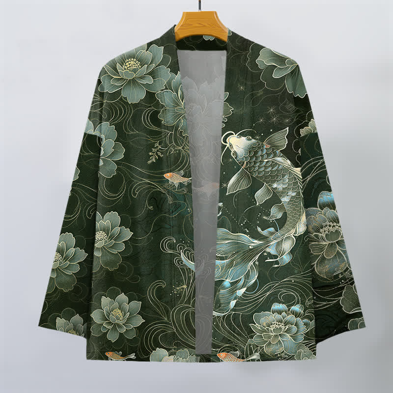Buddha Stones Kimono für Herren aus Baumwolle mit Koi-Lotus- und Wellenmuster, offener Vorderseite - image 10