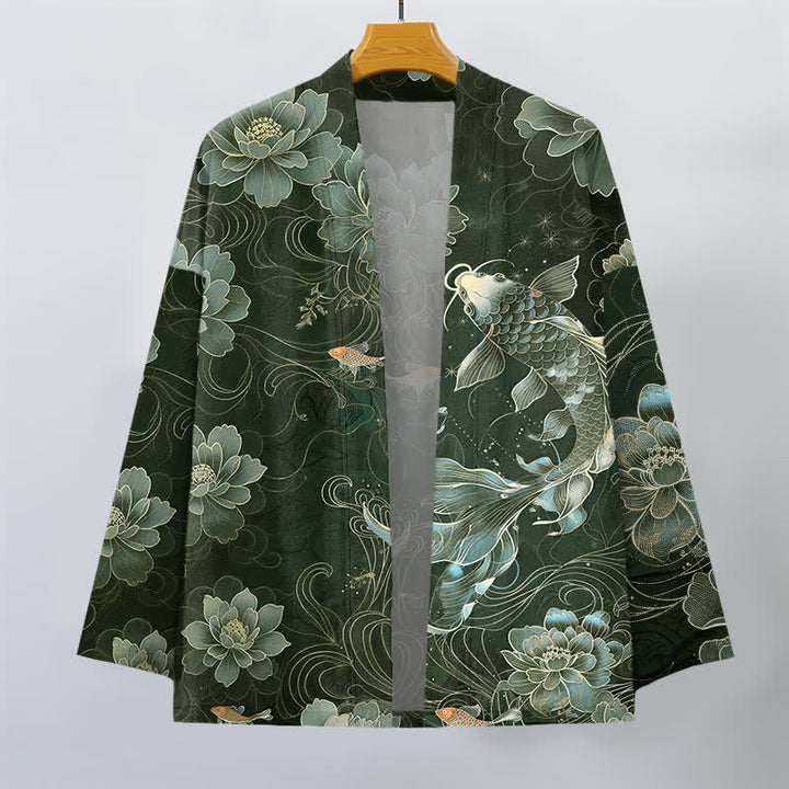 Buddha Stones Kimono für Herren aus Baumwolle mit Koi-Lotus- und Wellenmuster, offener Vorderseite - image 10