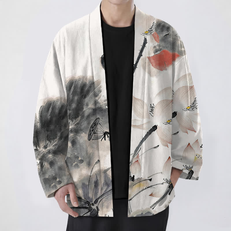 Buddha Stones Kimono für Herren aus Baumwolle mit Lotusmuster und offener Vorderseite - Schwarz - US/UK/AU48, EU58 (4XL) - image 0