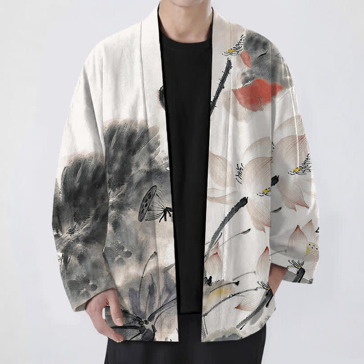 Buddha Stones Kimono für Herren aus Baumwolle mit Lotusmuster und offener Vorderseite - Schwarz - US/UK/AU48, EU58 (4XL) - image 0