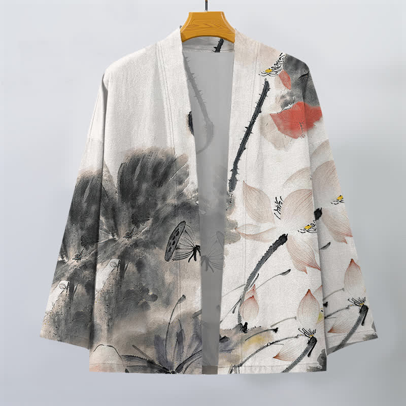 Buddha Stones Kimono für Herren aus Baumwolle mit Lotusmuster und offener Vorderseite - image 1