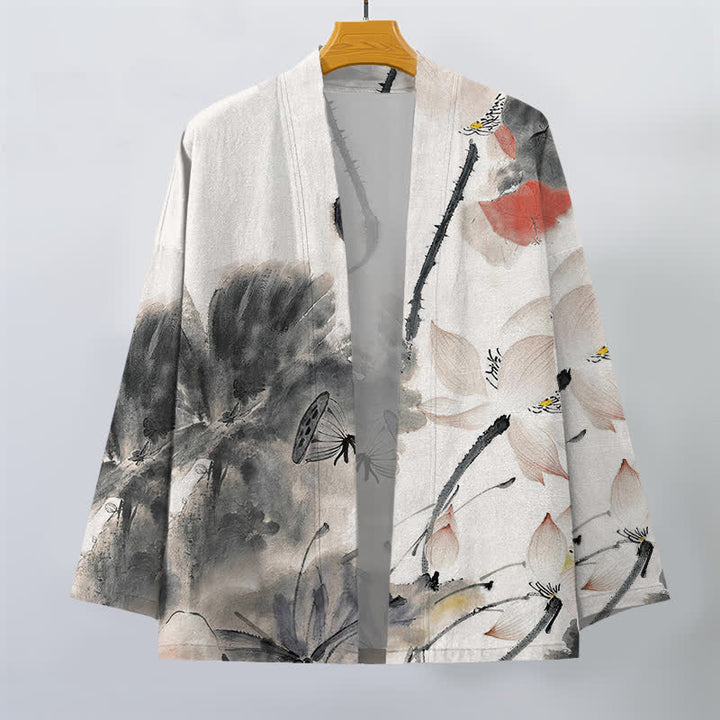 Buddha Stones Kimono für Herren aus Baumwolle mit Lotusmuster und offener Vorderseite - image 1