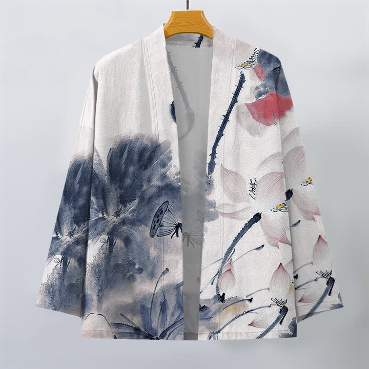Buddha Stones Kimono für Herren aus Baumwolle mit Lotusmuster und offener Vorderseite - image 7