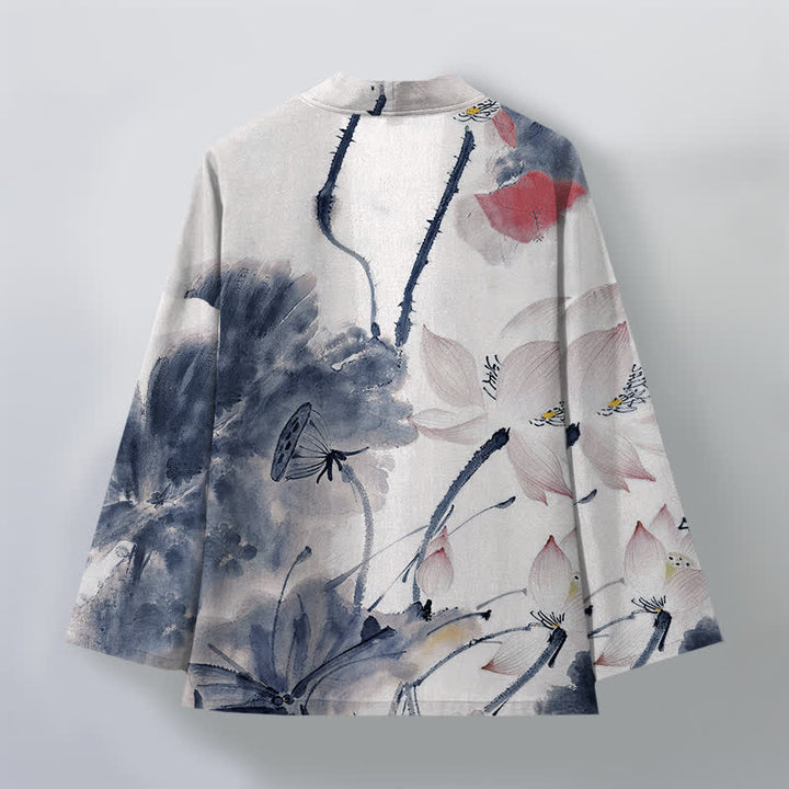 Buddha Stones Kimono für Herren aus Baumwolle mit Lotusmuster und offener Vorderseite - image 8