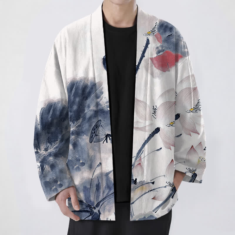 Buddha Stones Kimono für Herren aus Baumwolle mit Lotusmuster und offener Vorderseite - SteelBlue - US/UK/AU48, EU58 (4XL) - image 6