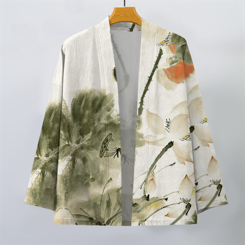 Buddha Stones Kimono für Herren aus Baumwolle mit Lotusmuster und offener Vorderseite - image 10