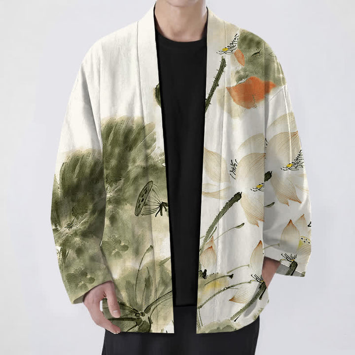 Buddha Stones Kimono für Herren aus Baumwolle mit Lotusmuster und offener Vorderseite - Olivgrün - US/UK/AU48, EU58 (4XL) - image 9