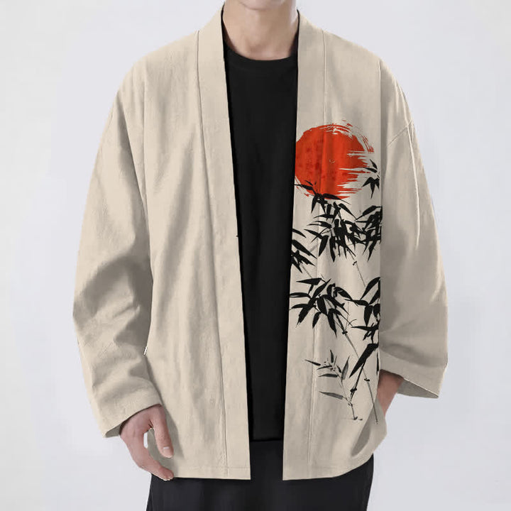 Buddha Stones Kimono aus Baumwolle mit rotem Sonnen- und Bambus-Tintenmuster, offener Vorderseite, für Herren - Beige - US/UK/AU48, EU58 (4XL) - image 0
