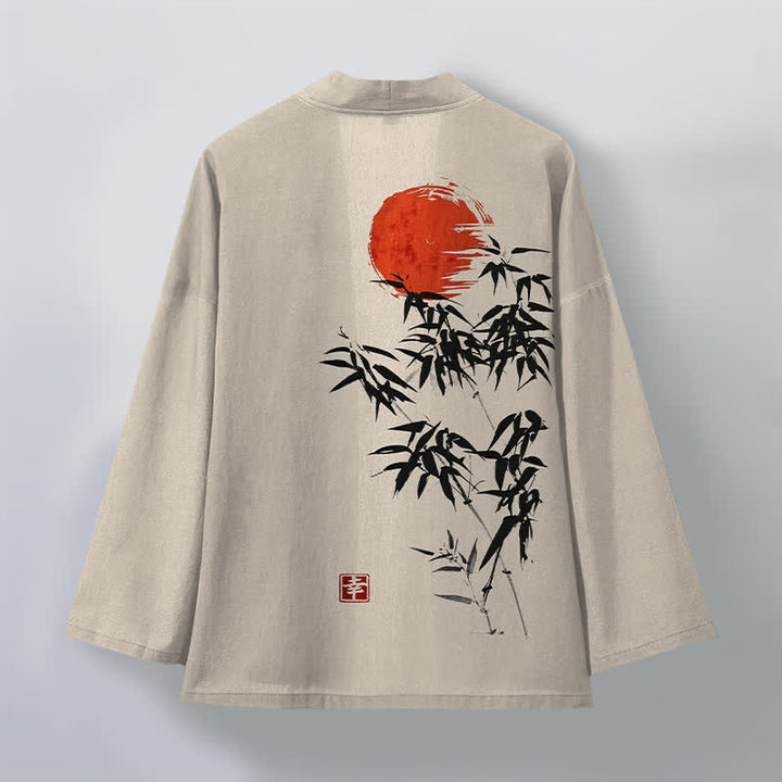 Buddha Stones Kimono aus Baumwolle mit rotem Sonnen- und Bambus-Tintenmuster, offener Vorderseite, für Herren - image 2