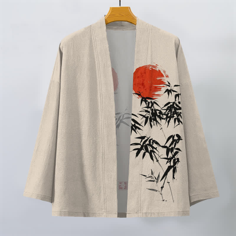 Buddha Stones Kimono aus Baumwolle mit rotem Sonnen- und Bambus-Tintenmuster, offener Vorderseite, für Herren - image 1