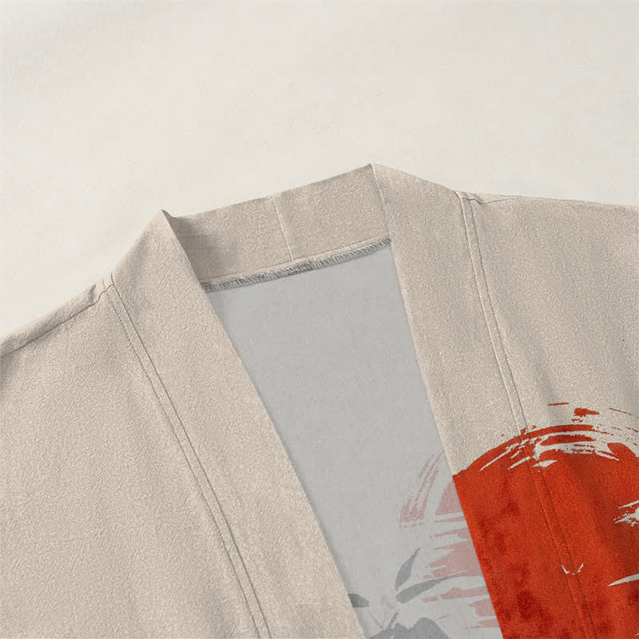 Buddha Stones Kimono aus Baumwolle mit rotem Sonnen- und Bambus-Tintenmuster, offener Vorderseite, für Herren - image 3