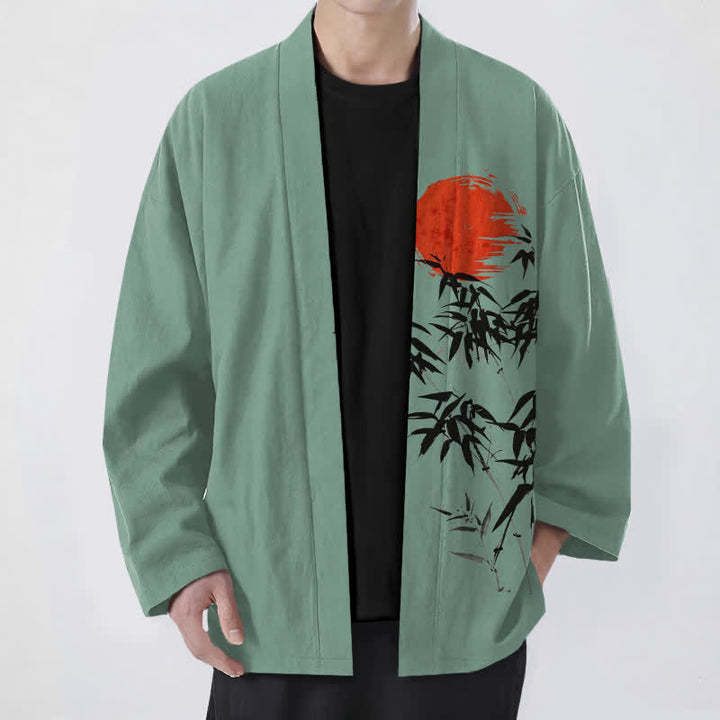 Buddha Stones Kimono aus Baumwolle mit rotem Sonnen- und Bambus-Tintenmuster, offener Vorderseite, für Herren - SeaGreen - US/UK/AU48, EU58 (4XL) - image 6