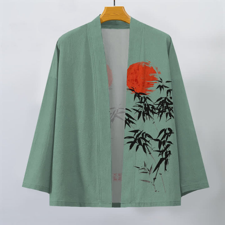 Buddha Stones Kimono aus Baumwolle mit rotem Sonnen- und Bambus-Tintenmuster, offener Vorderseite, für Herren - image 7