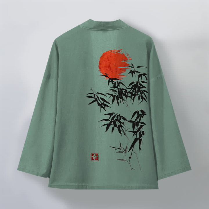 Buddha Stones Kimono aus Baumwolle mit rotem Sonnen- und Bambus-Tintenmuster, offener Vorderseite, für Herren - image 8