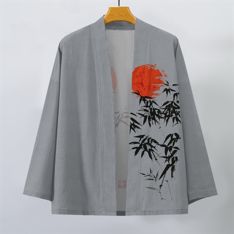 Buddha Stones Kimono aus Baumwolle mit rotem Sonnen- und Bambus-Tintenmuster, offener Vorderseite, für Herren - image 10