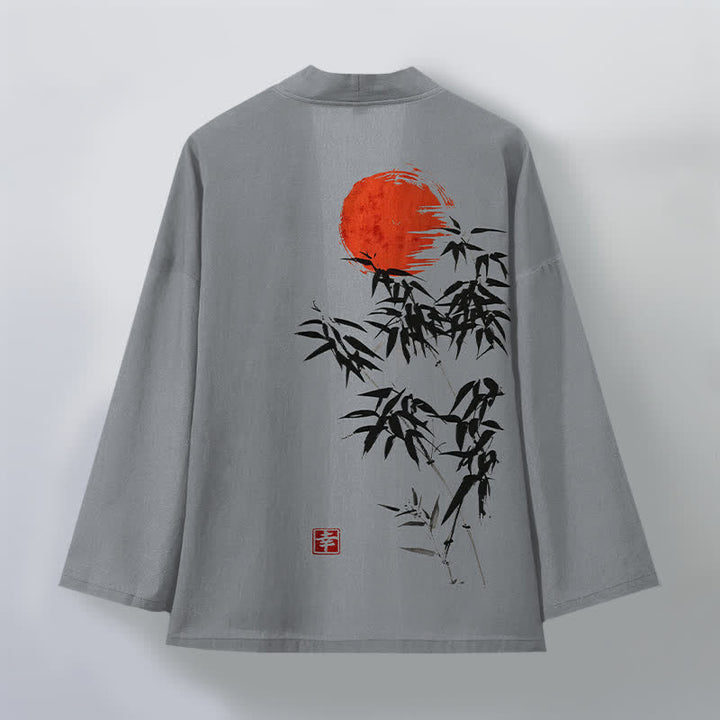 Buddha Stones Kimono aus Baumwolle mit rotem Sonnen- und Bambus-Tintenmuster, offener Vorderseite, für Herren - image 11
