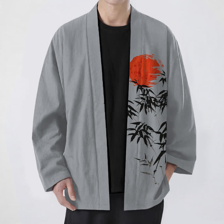 Buddha Stones Kimono aus Baumwolle mit rotem Sonnen- und Bambus-Tintenmuster, offener Vorderseite, für Herren - Dunkelgrau - US/UK/AU48, EU58 (4XL) - image 9