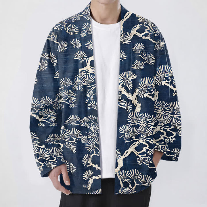 Buddha Stones Kimono aus Baumwolle mit Fächermuster aus Kiefernzweigen und offener Vorderseite für Herren - Marine - US/UK/AU48, EU58 (4XL) - image 0