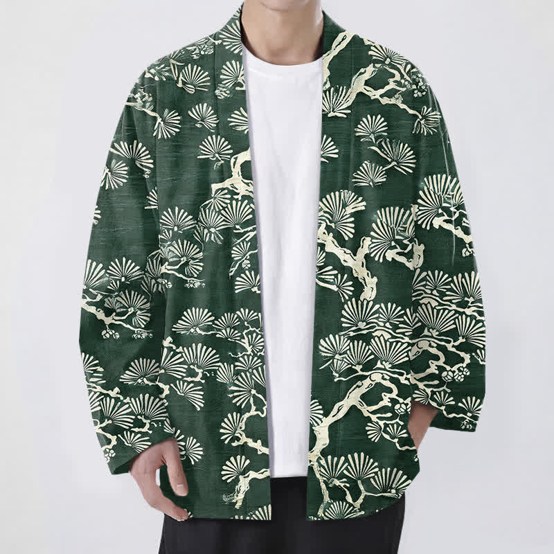 Buddha Stones Kimono aus Baumwolle mit Fächermuster aus Kiefernzweigen und offener Vorderseite für Herren - Waldgrün - US/UK/AU48, EU58 (4XL) - image 6