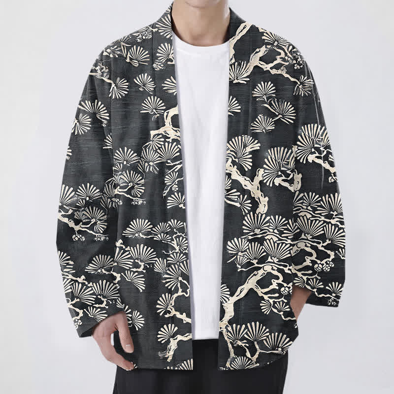 Buddha Stones Kimono aus Baumwolle mit Fächermuster aus Kiefernzweigen und offener Vorderseite für Herren - DimGray - US/UK/AU48, EU58 (4XL) - image 9