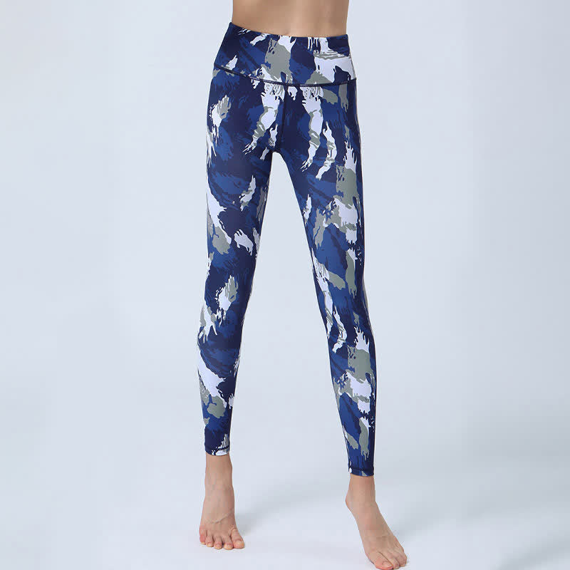Buddha-Steine, Blumen, Blätter-Druck, Sport, Fitness, Yoga, hohe Taille, Leggings für Damen - Dunkelblau Weiß - US 8-10, UK/AU 12-14, EU 40-42 (XL) - image 1