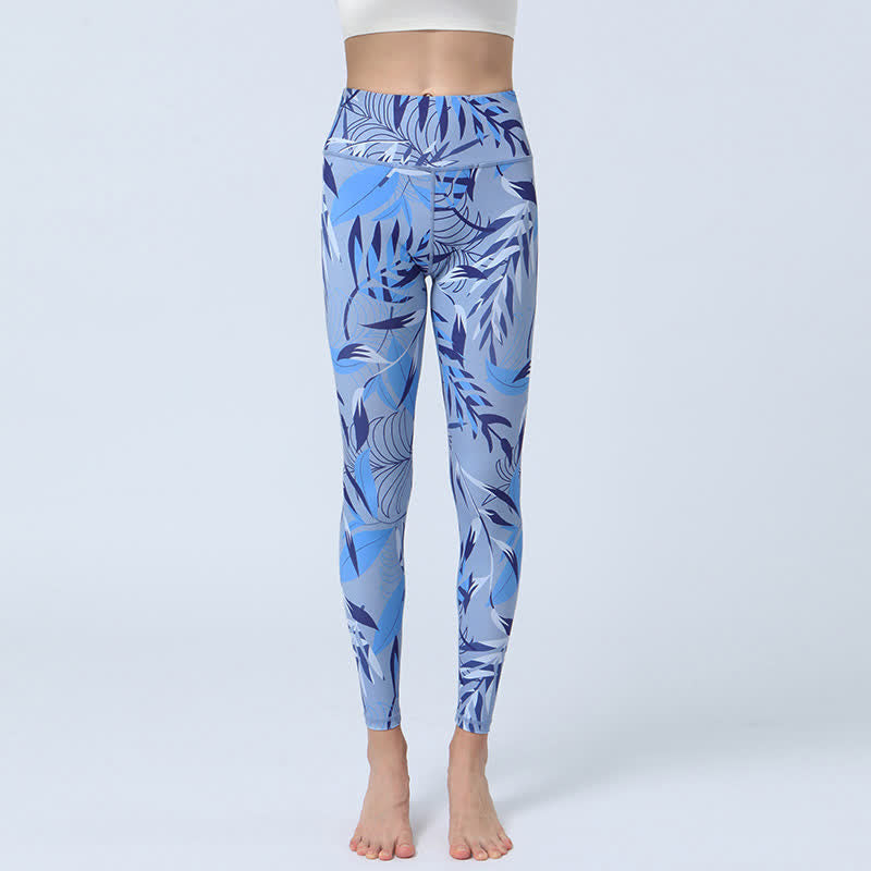 Buddha-Steine, Blumen, Blätter-Druck, Sport, Fitness, Yoga, hohe Taille, Leggings für Damen - Hellblaue Blätter - US 8-10, UK/AU 12-14, EU 40-42 (XL) - image 10