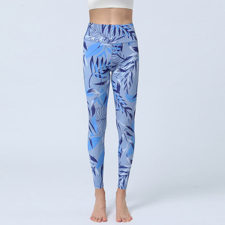 Buddha-Steine, Blumen, Blätter-Druck, Sport, Fitness, Yoga, hohe Taille, Leggings für Damen - Hellblaue Blätter - US 8-10, UK/AU 12-14, EU 40-42 (XL) - image 10