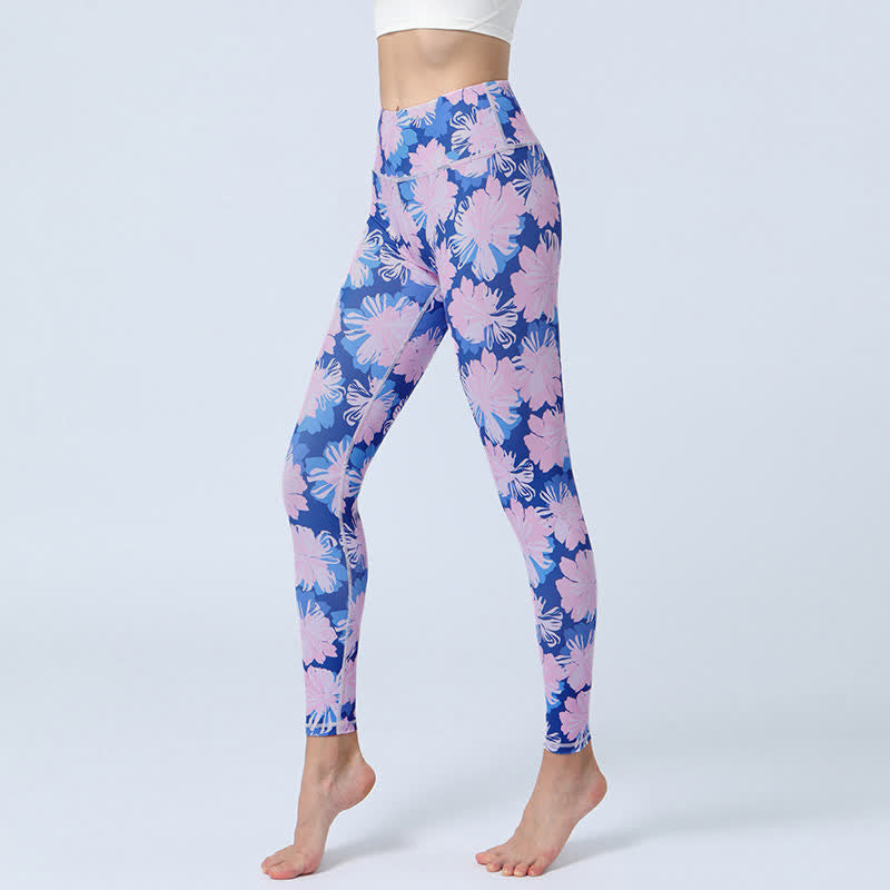 Buddha-Steine, Blumen, Blätter-Druck, Sport, Fitness, Yoga, hohe Taille, Leggings für Damen - Blau-rosa Blüten - US 8-10, UK/AU 12-14, EU 40-42 (XL) - image 7