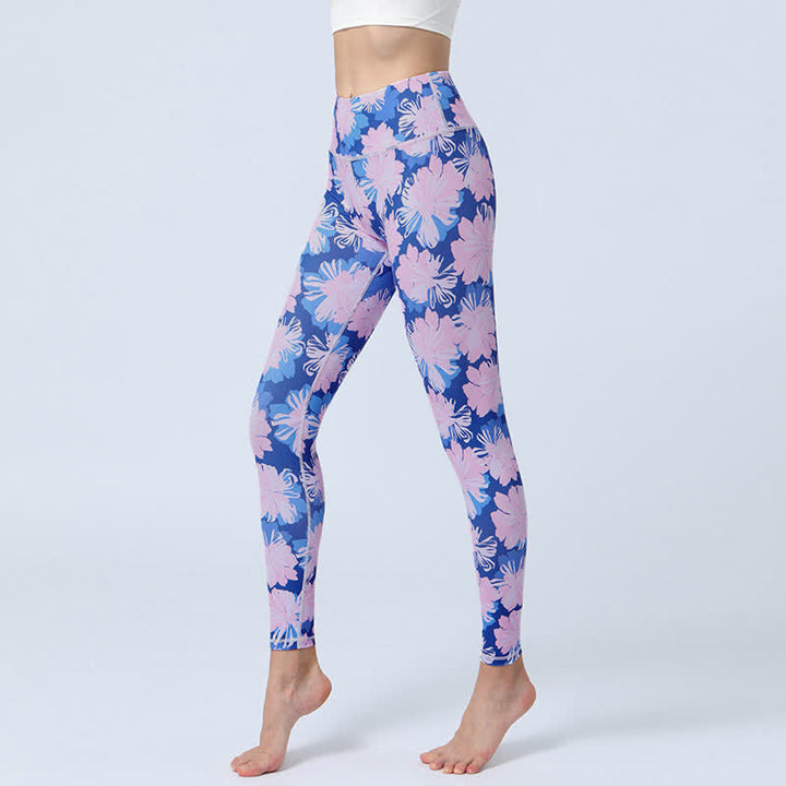 Buddha-Steine, Blumen, Blätter-Druck, Sport, Fitness, Yoga, hohe Taille, Leggings für Damen - Blau-rosa Blüten - US 8-10, UK/AU 12-14, EU 40-42 (XL) - image 7