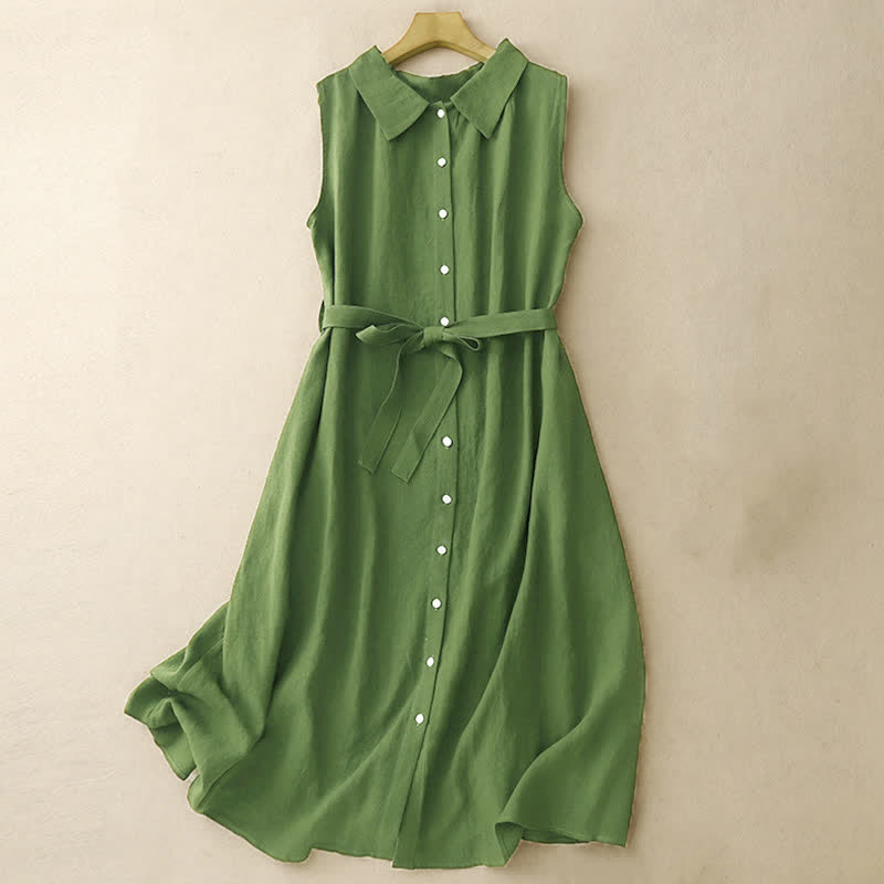 Buddha Stones Sommerkleid aus Baumwolle, schlicht, mit Schnürung, Knopfleiste vorne, Reverskragen, ärmellos, Midi-Länge - Waldgrün - US12, UK/AU16, EU44 (2XL) - image 8