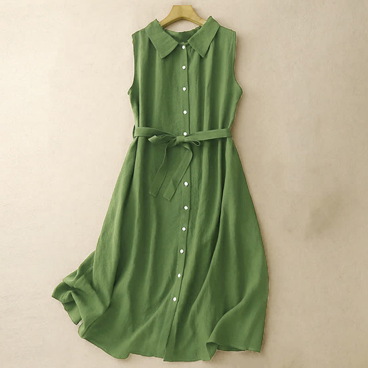Buddha Stones Sommerkleid aus Baumwolle, schlicht, mit Schnürung, Knopfleiste vorne, Reverskragen, ärmellos, Midi-Länge - Waldgrün - US12, UK/AU16, EU44 (2XL) - image 8