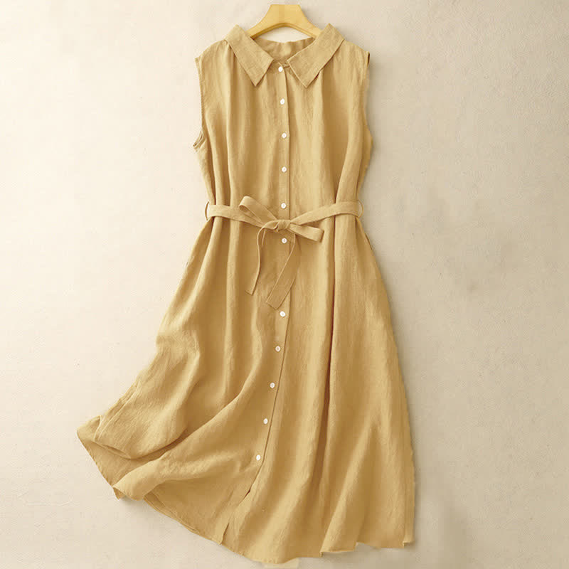 Buddha Stones Sommerkleid aus Baumwolle, schlicht, mit Schnürung, Knopfleiste vorne, Reverskragen, ärmellos, Midi-Länge - Goldrute - US12, UK/AU16, EU44 (2XL) - image 0
