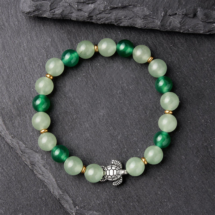 Buddha Stones Natürliches grünes Achat- und Aventurin-Perlenarmband mit Schildkrötenmotiv - image 1